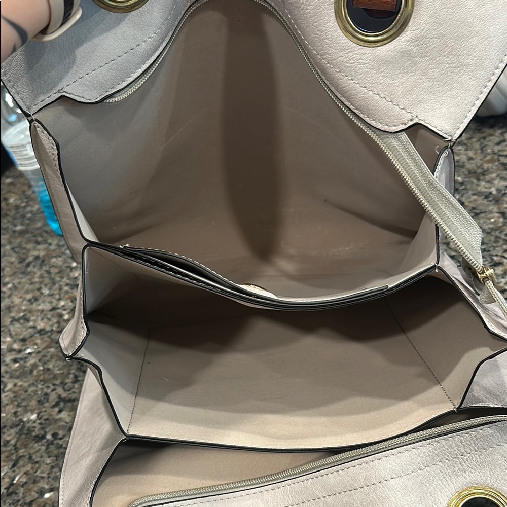 Cream and Tan Canvas Tote Bag with Leather Handles - Picture 3 of 7